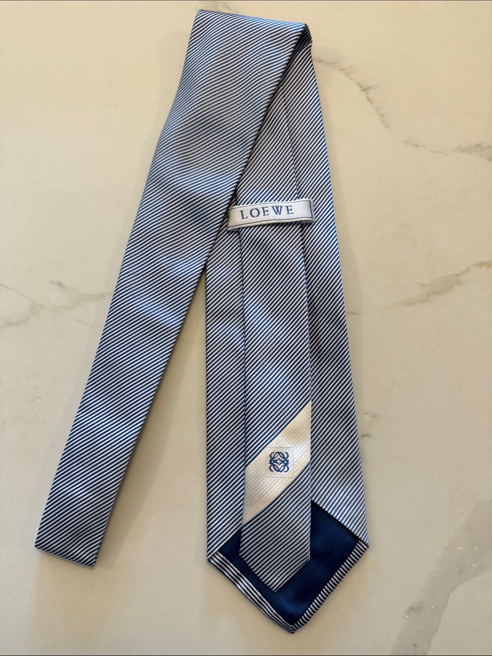 Loewe Navy and White Diagonal Stripe Silk Tie with Contrasting Tip